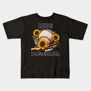 Awesome Baseball Name Reds Proud Team Flowers Kids T-Shirt